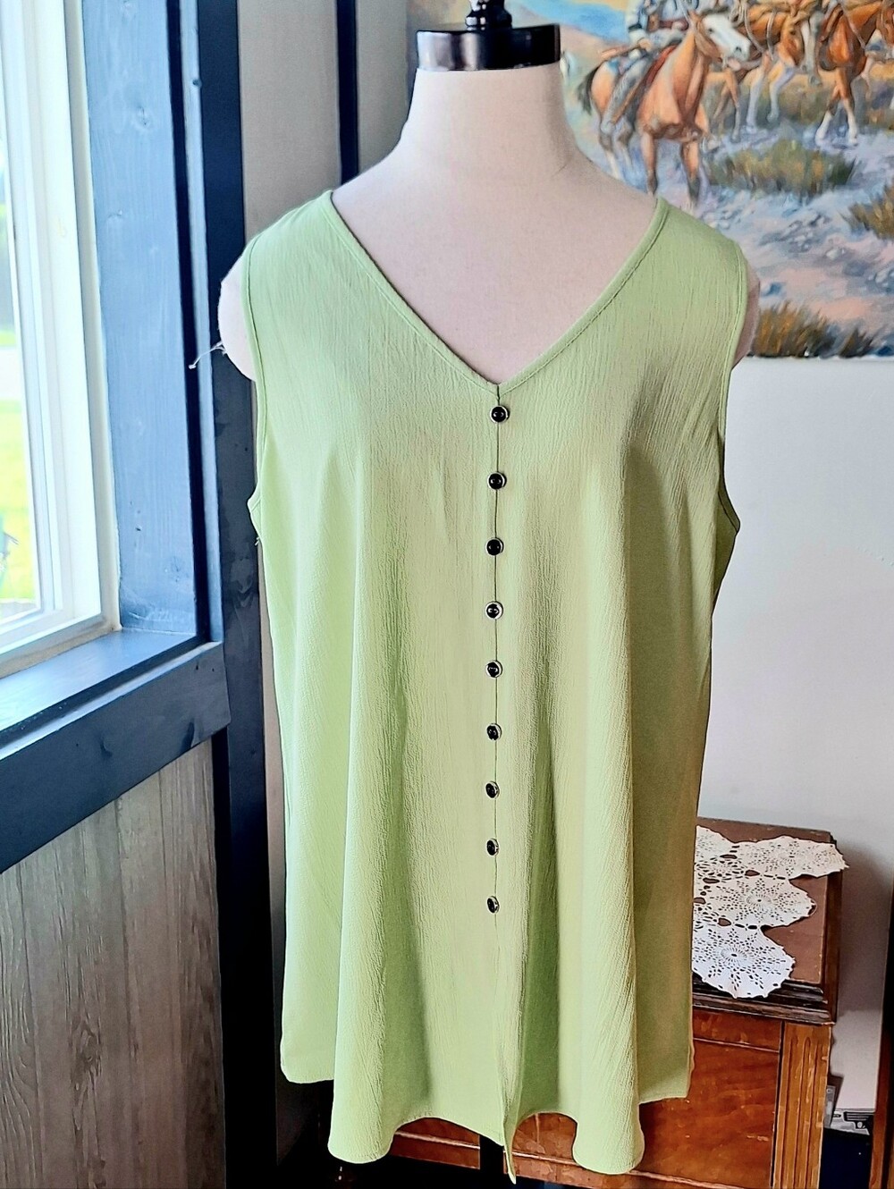 Spense Cucumber V-neck Sleeveless Crepe Tank Top, L, Style#SP47465, NWT